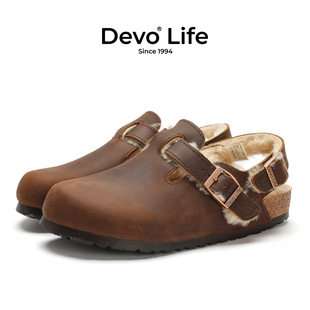女鞋 Devo 23007 新款 加绒加毛外穿秋冬季 沃软木拖鞋 包头半包棉鞋