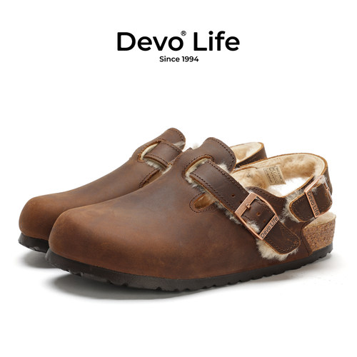 Devo/的沃软木拖鞋包头半包棉鞋加绒加毛外穿秋冬季新款女鞋23007