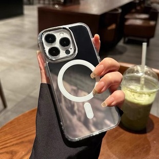 iphone15promax磁吸镜面手机壳适用于苹果14pm无线充高透透明壳13防摔12大孔
