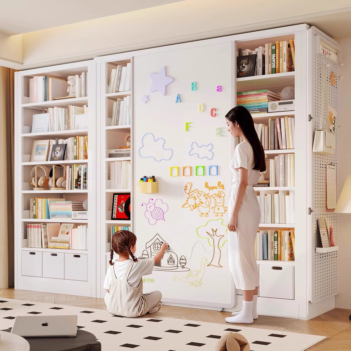 家用图书馆书架带磁吸白板门客厅一体靠墙推拉门置物架儿童绘本架