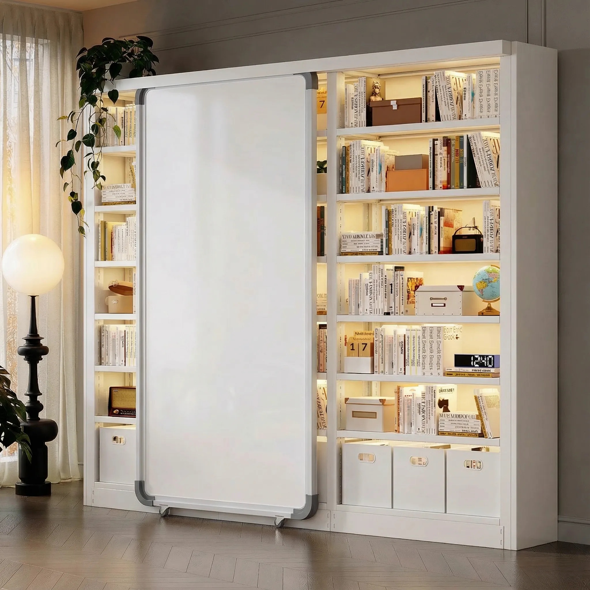 家用图书馆书架钢制带白板门儿童涂鸦书柜客厅书房一体靠墙置物架