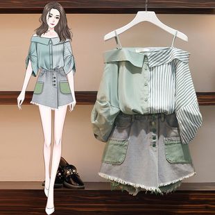 女裝 露肩短袖 新款 韓版 女2024夏季 上衣短褲 大碼 兩件套 胖mm牛仔套裝