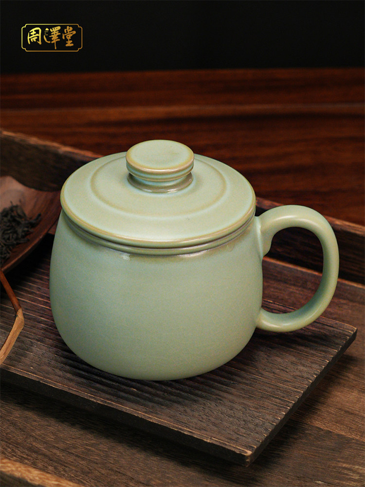 汝窑办公杯带盖茶杯覆古景德镇陶瓷品茗主人杯开片可养青瓷礼盒装