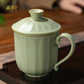 汝窑办公杯带盖茶杯复古景德镇陶瓷品茗主人杯开片可养青瓷礼盒装