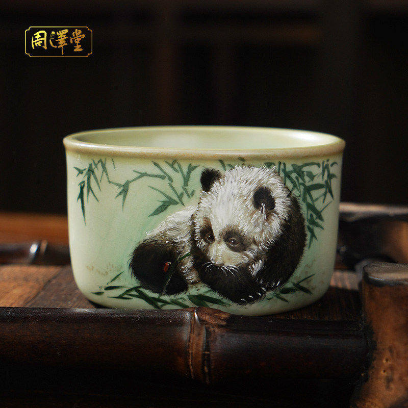 手绘汝瓷杯盏熊猫釉上彩厚胎汝窑主人杯开片可收藏省工大师定制款,餐饮具,茶杯,淘宝优惠券,粉丝福利购,淘宝优惠卷