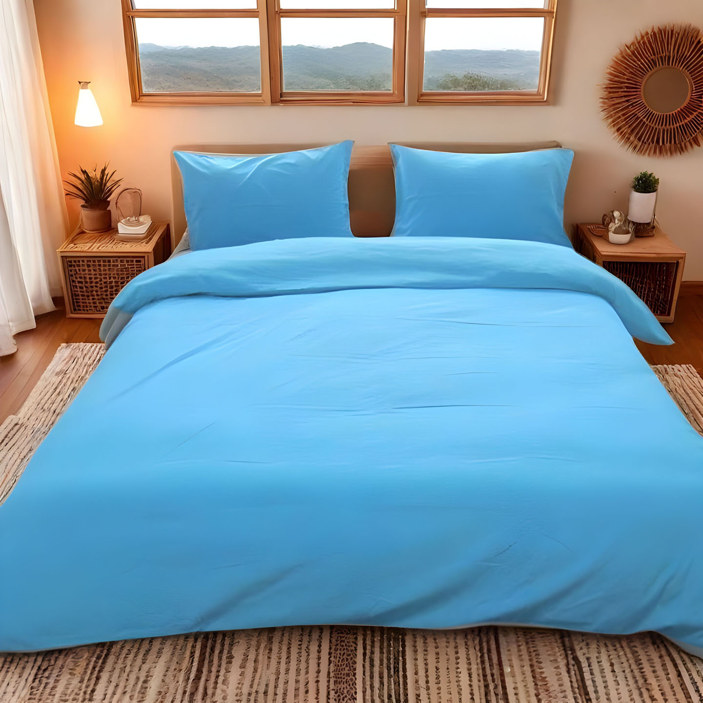 纯湖蓝色四件套学生床上用品床笠款三件套宝石蓝床单藏蓝色被套罩