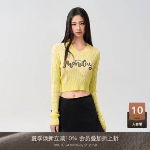 LOUZING黄色v领针织衫 套头麻花毛衣高腰外搭上衣潮 女2025新款 夏季