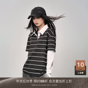 LOUZING假两件长袖t恤女2025春季新款宽松韩版慵懒风外穿条纹上衣