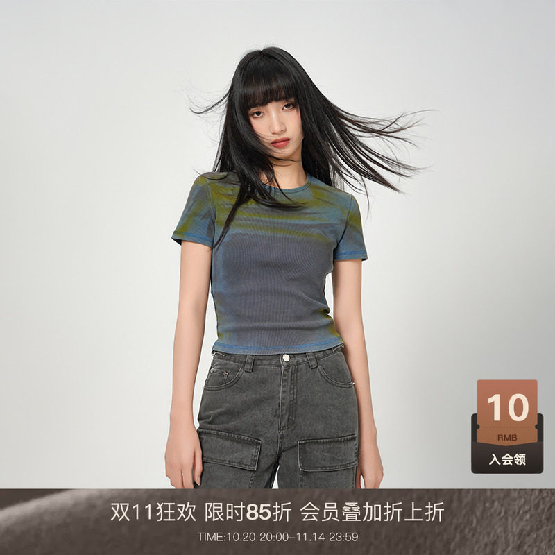 LOUZING2025夏小众美式复古纯棉短袖T恤修身短款条纹针织打底衫女