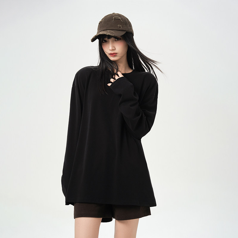 LOUZING白色韩版长袖t恤女春季2026新款中长款遮屁股宽松圆领上衣