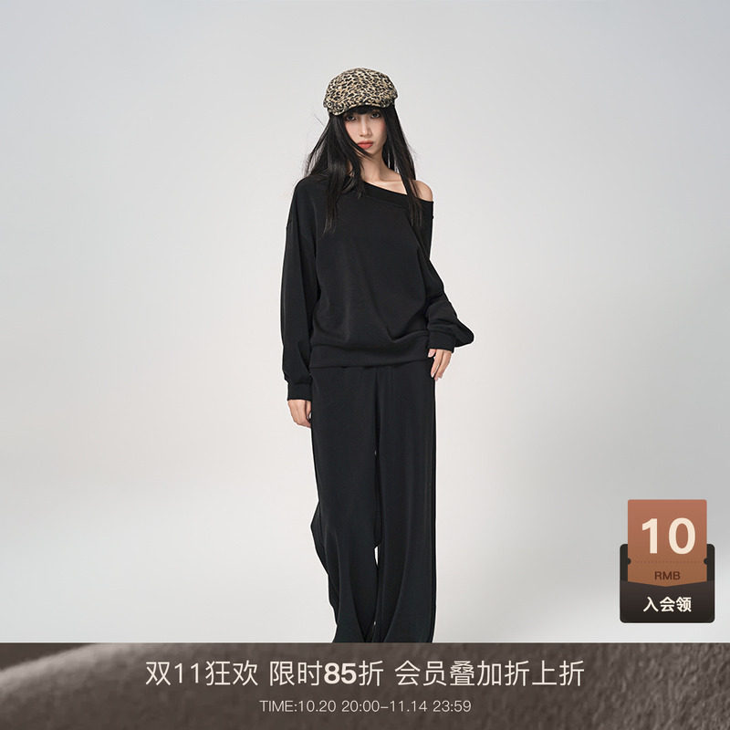 LOUZING潮牌休闲运动卫衣套装女2025新款春秋斜肩纯欲卫裤两件套
