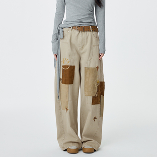 LOUZING复古刺绣弯刀镰刀裤女2026春季新款浅色水洗做旧牛仔裤子