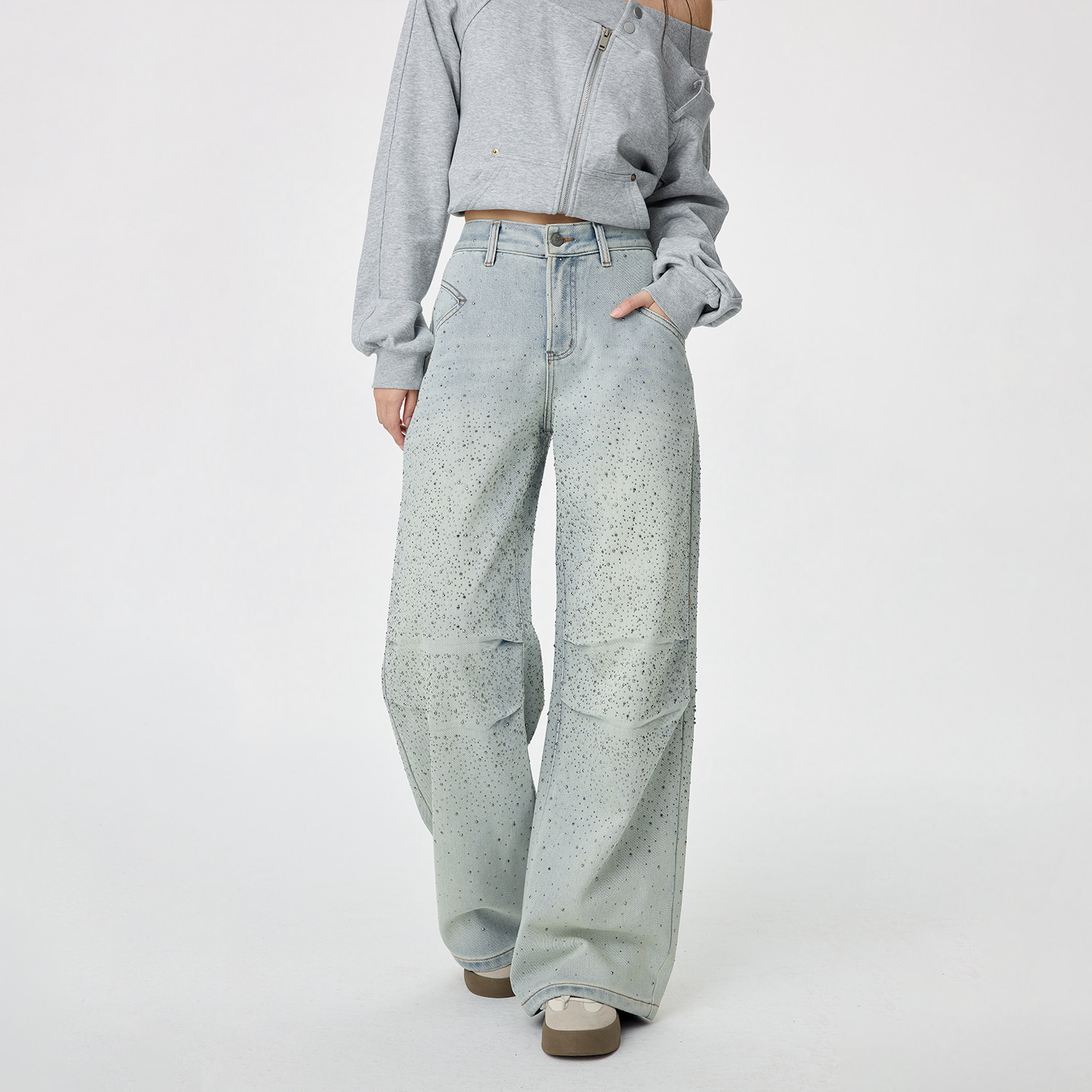 LOUZING窄版直筒带钻烫钻牛仔裤女高个子超长版拖地裤伞兵裤女