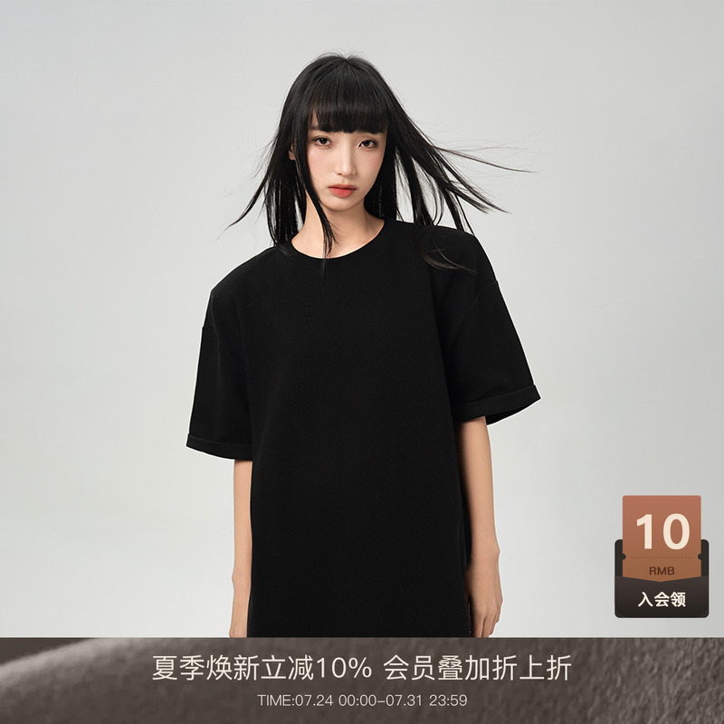LOUZING正肩女t恤2025新款春款美式大版卷边短袖中长款宽松上衣潮