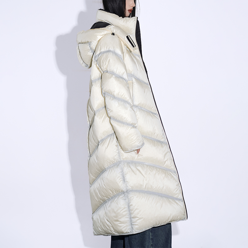 LOUZING长款羽绒服女冬季2025新款过膝渐变连帽白鸭绒外套女加厚