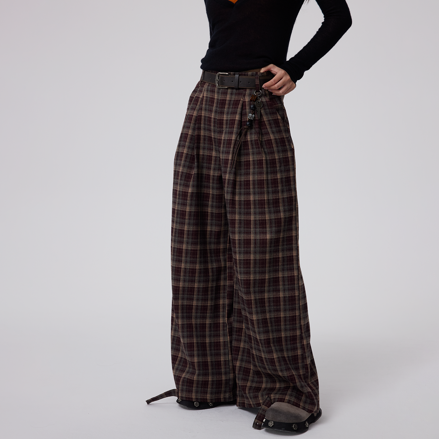 美式复古慵懒风咖色格子阔腿裤