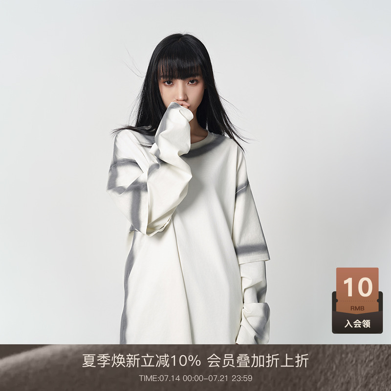 LOUZING美式大版t恤女2025新款宽松韩版慵懒风渐变纯棉圆领上衣潮