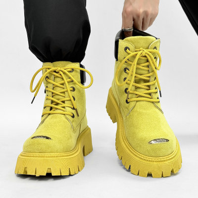 大黄靴男鞋高帮机车马丁靴厚底欧洲ins风走秀增高黄色工装靴美式