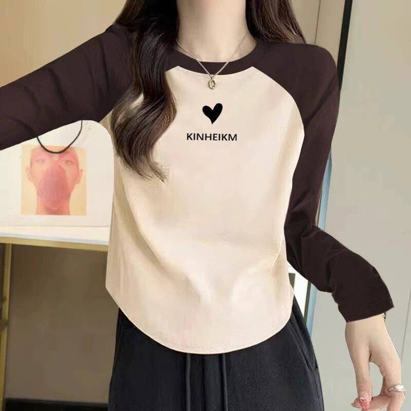 美拉德拼接纯棉长袖t恤女美式复古入初秋季长袖上衣女小个子外穿