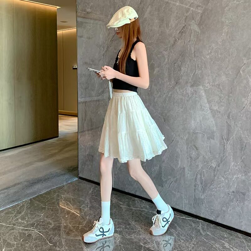 春夏新款波点雪纺半身裙女甜美风中裙小个子松紧百搭半身裙