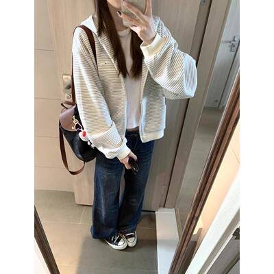 美式复古条纹连帽卫衣女2025秋冬新款加绒加厚设计感小众开衫外套
