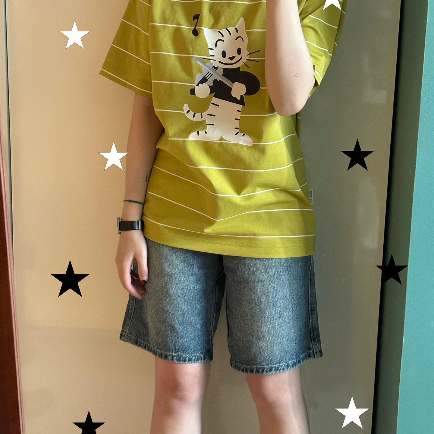 美式复古芥黄条纹猫咪印花短袖t恤女大童夏季设计感宽松半袖上衣