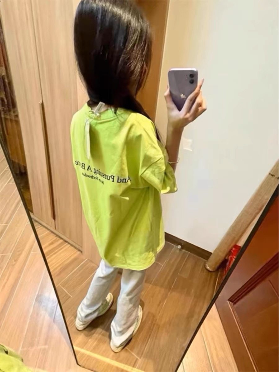 荧光绿字母纯棉短袖t恤女宽松2024新款爆款美式高街正肩上衣夏款