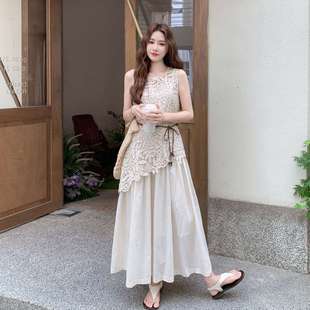 法式 不規則度假風 勾花鏤空背心疊穿吊帶連衣裙兩件套女2025夏新款