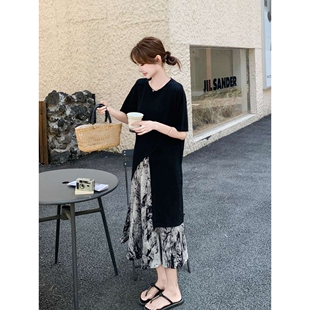 轻熟风黑色不规则t恤裙水墨画印花显瘦气质半身裙两件套女夏新款