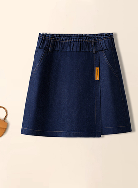 休闲牛仔半身裙女2026春夏新款松紧腰A字显瘦短裙藏蓝色口袋裙裤