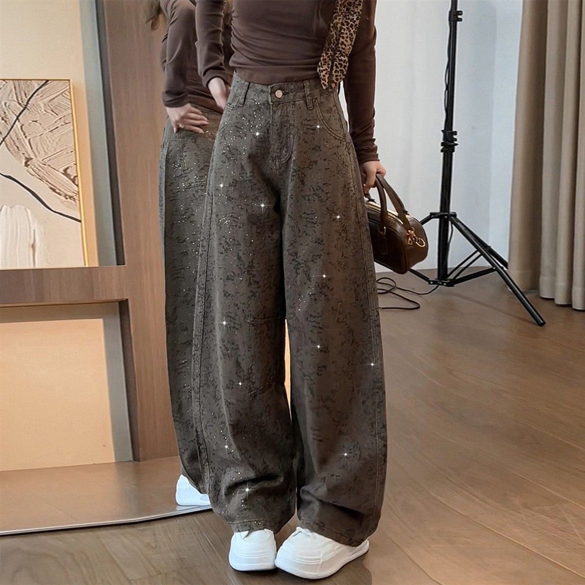 美式烫钻提花牛仔裤女图片