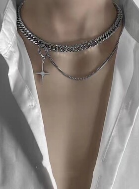 复古钛钢项链男女嘻哈ins风小众粗古巴链 锁骨链十字架吊坠毛衣链