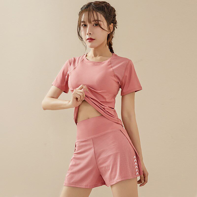 新品运动套装女夏薄款晨跑速干衣健身房修身显瘦T高腰短裤内衬网