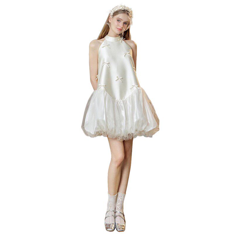 新品小个子挂脖轻婚纱法式新娘高端缎面晨袍M礼服领证登记订婚白