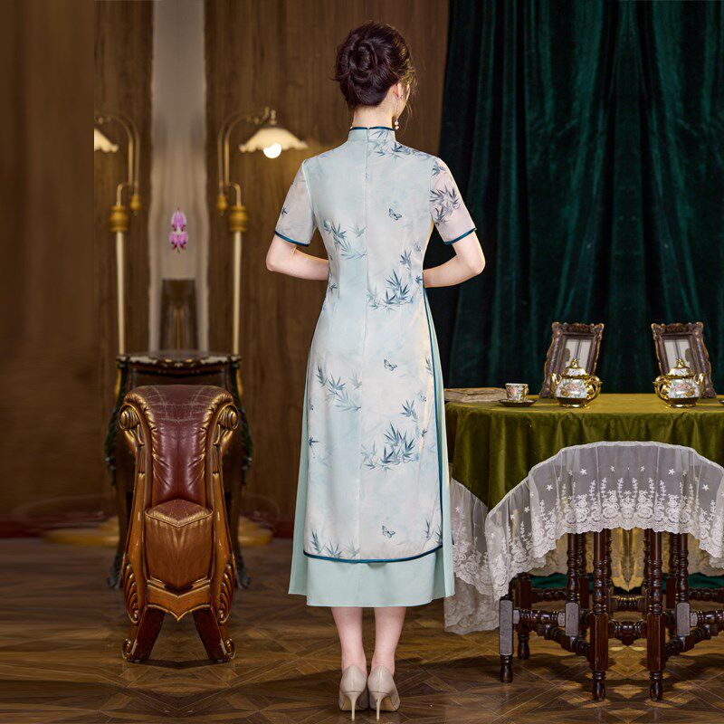 新品改良旗袍连衣裙越南奥黛礼服小个子妈妈日P常年轻女夏装竹叶