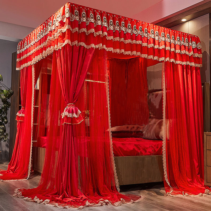 极速大红色结婚床蚊帐床帘一体双层床幔加H厚防尘遮光婚房1.8m宫