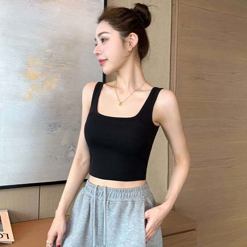 新品方领黑色吊带背心女带胸垫内搭2025新M款纯棉工字打底外穿短