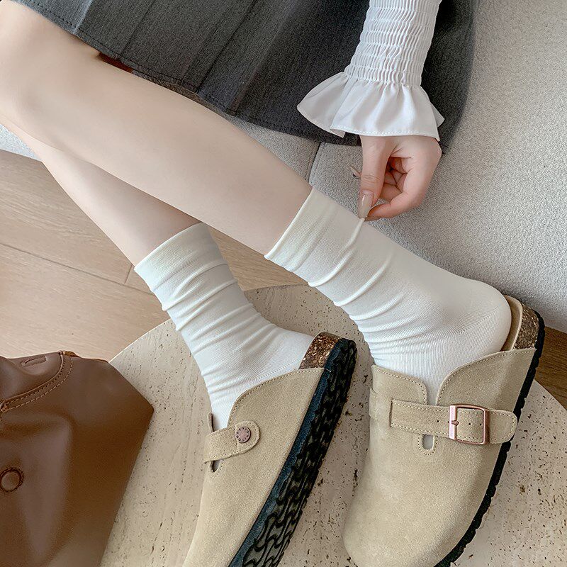 新品无骨白色堆堆袜子女s夏季薄款纯棉中筒袜夏天配小皮鞋黑色月