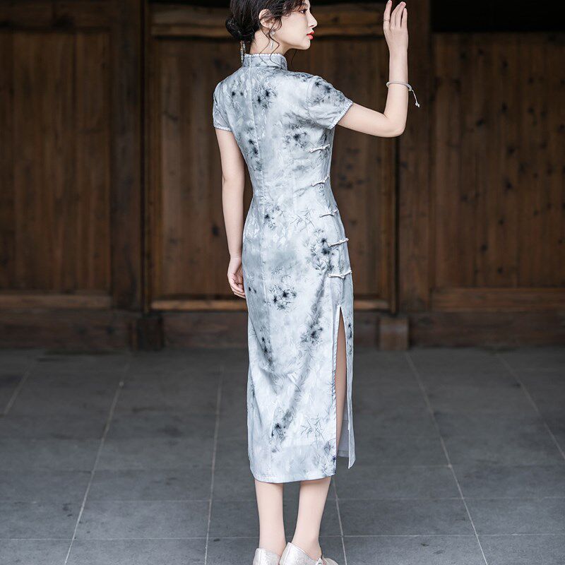 新品年轻款旗袍仿醋酸蕾丝边夏装妈妈女I士新中式水墨日常连衣裙