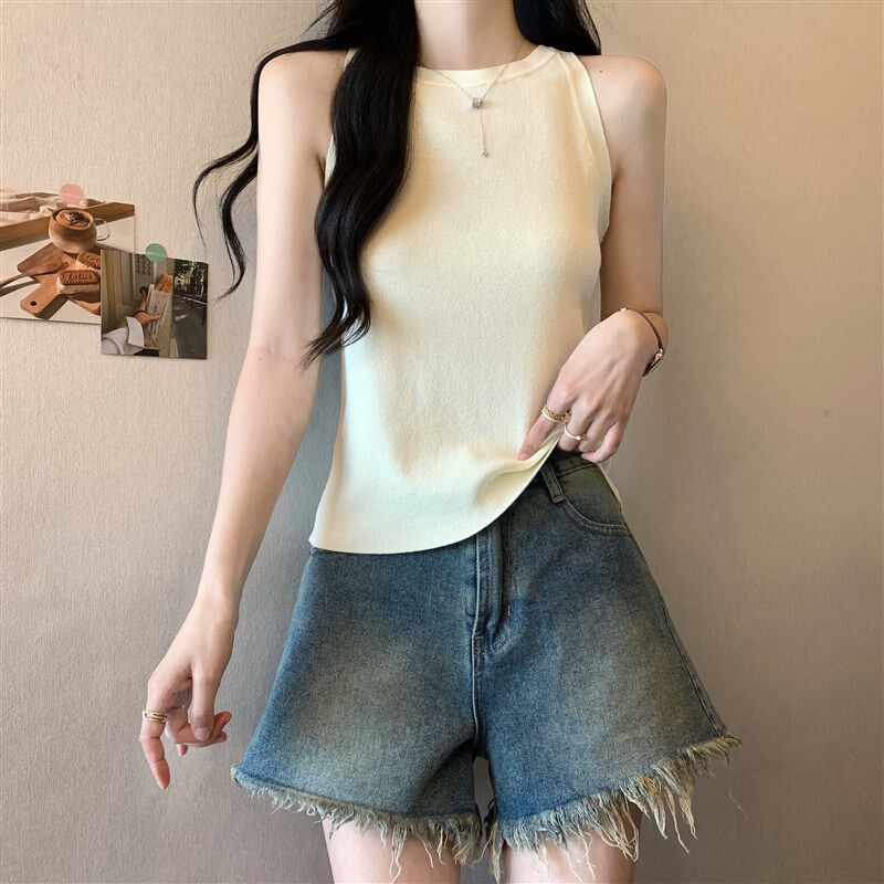 新品针织吊d带背心女夏季外穿大码胖mm显瘦设计感辣妹短款无袖上