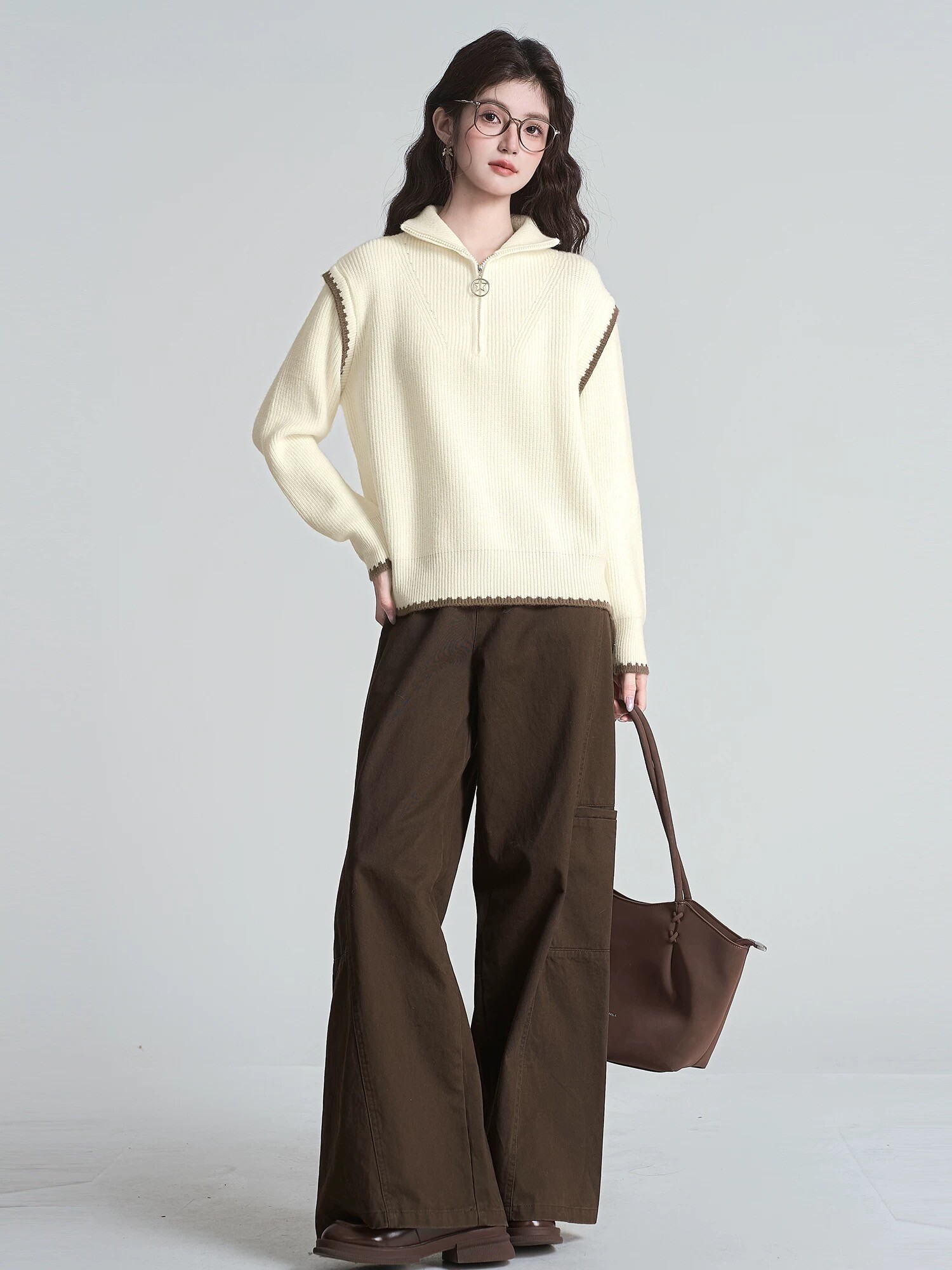 韩系半拉链高领毛衣女冬内搭加厚外穿慵懒风短款针织上衣