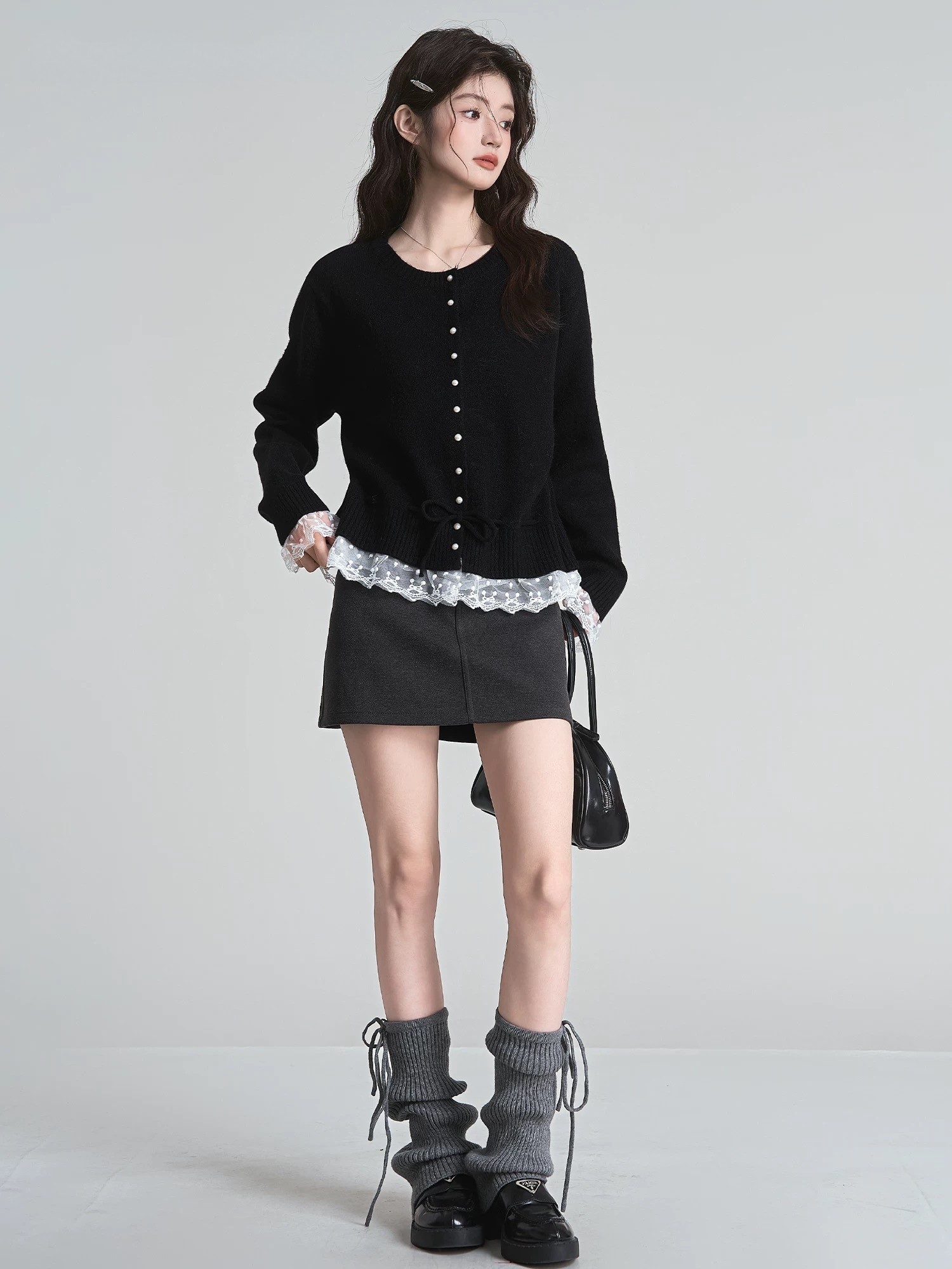 黑色假两件蕾丝针织毛衣女春季内搭收腰短款开衫外套上衣,女装/女士精品,毛针织衫,淘宝优惠券,粉丝福利购,淘宝优惠卷