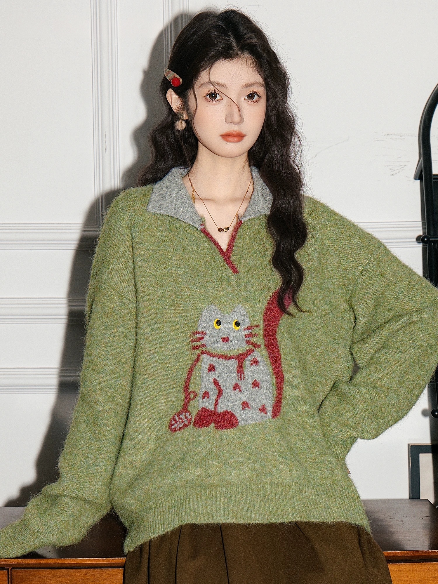 绿色polo领翻领套头毛衣女冬季宽松慵懒风内搭针织衫上衣