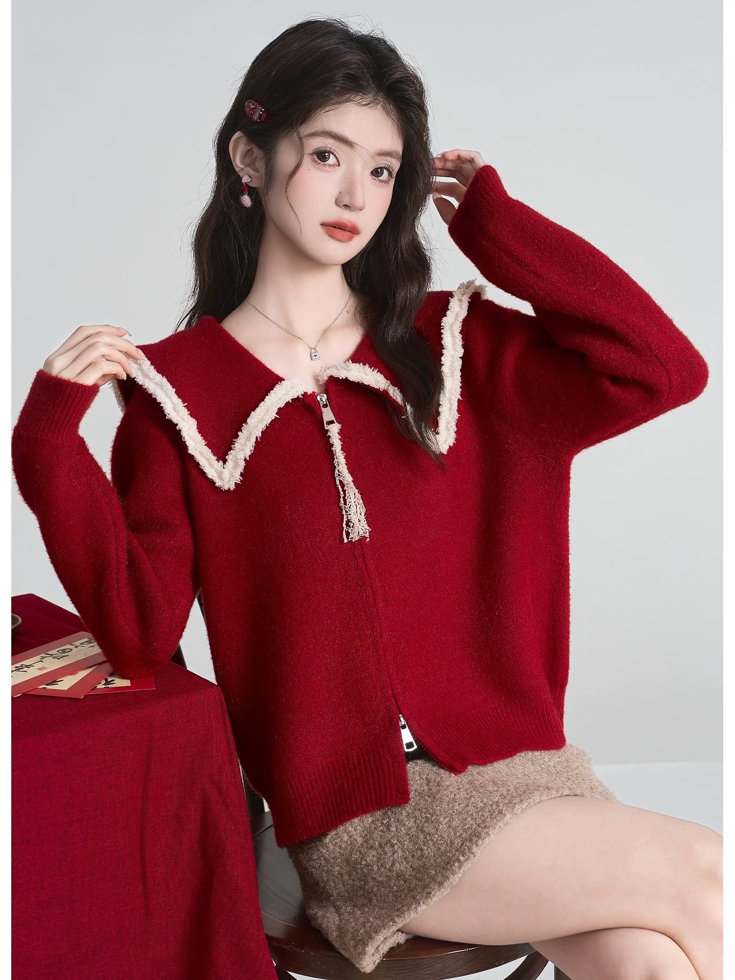 新年红色娃娃领毛衣外套女春季新款小香风穿搭针织衫上衣,女装/女士精品,毛针织衫,淘宝优惠券,粉丝福利购,淘宝优惠卷