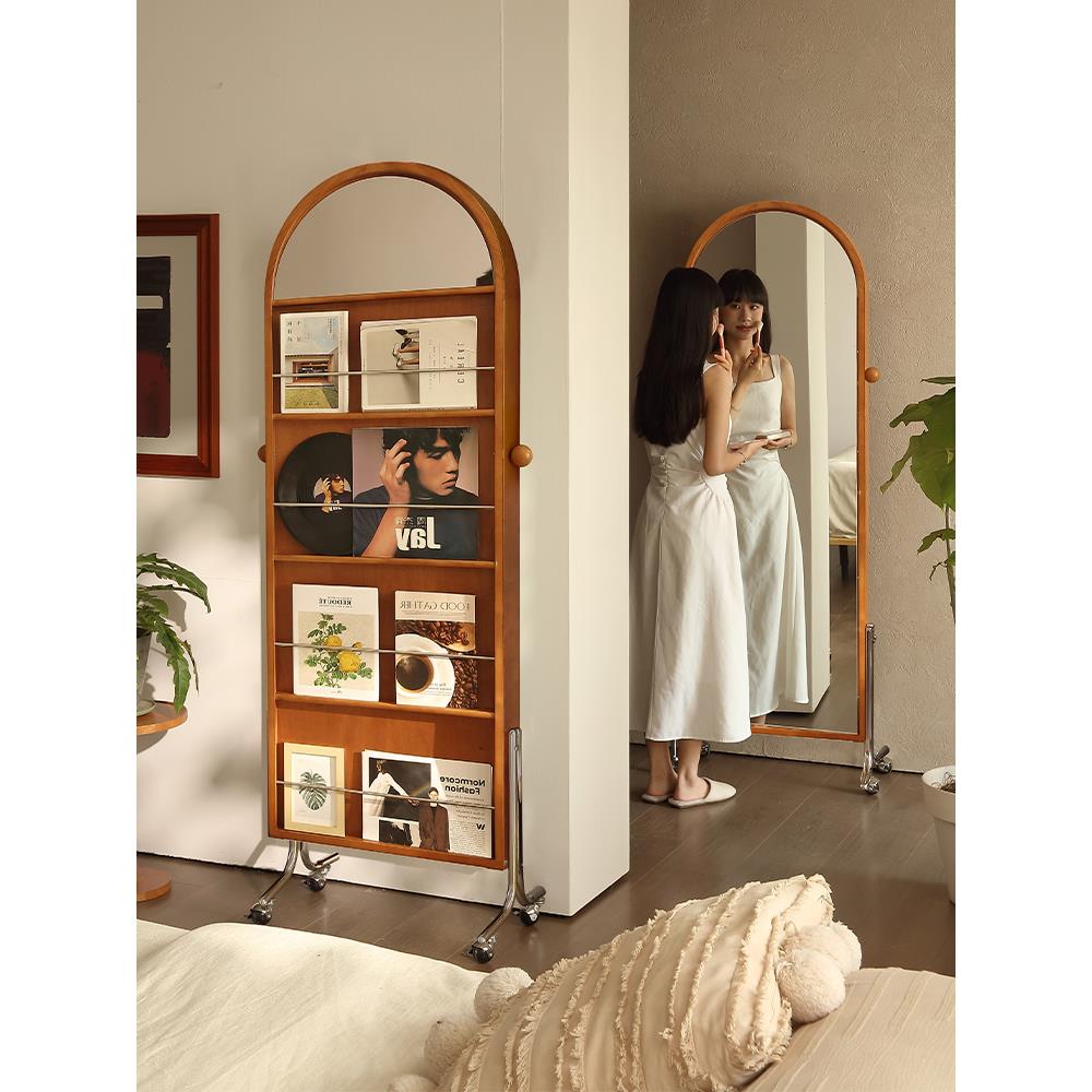 中古实木全身穿衣镜可移动落地全身镜法式旋转杂志书架置物架家用