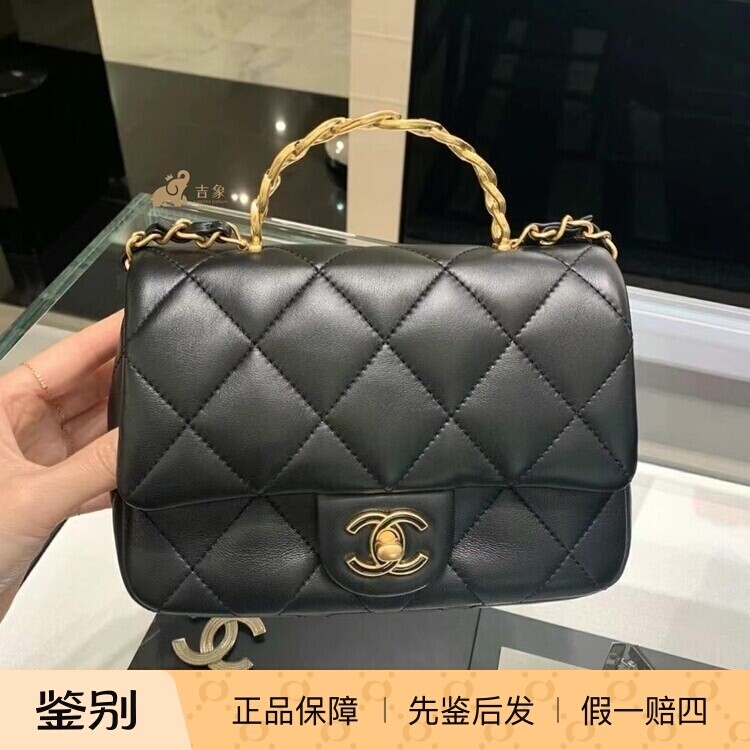 现货Chanel香奈儿25C新款女包黑金羊皮珐琅双C手柄方胖子斜挎包