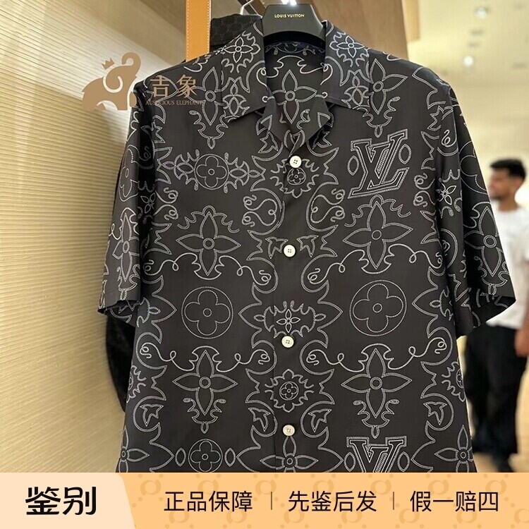 LV路易威登2024新款男装黑色Arabesque 印花桑蚕丝短袖衬衫