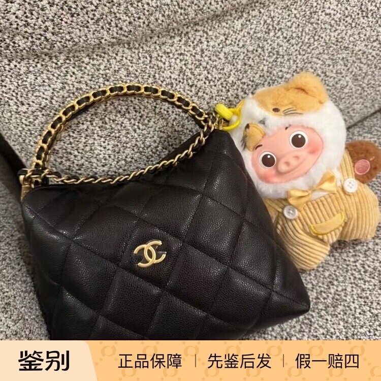Chanel/香奈儿25B新款女包黑金牛皮金属手柄饭盒包手提斜跨包