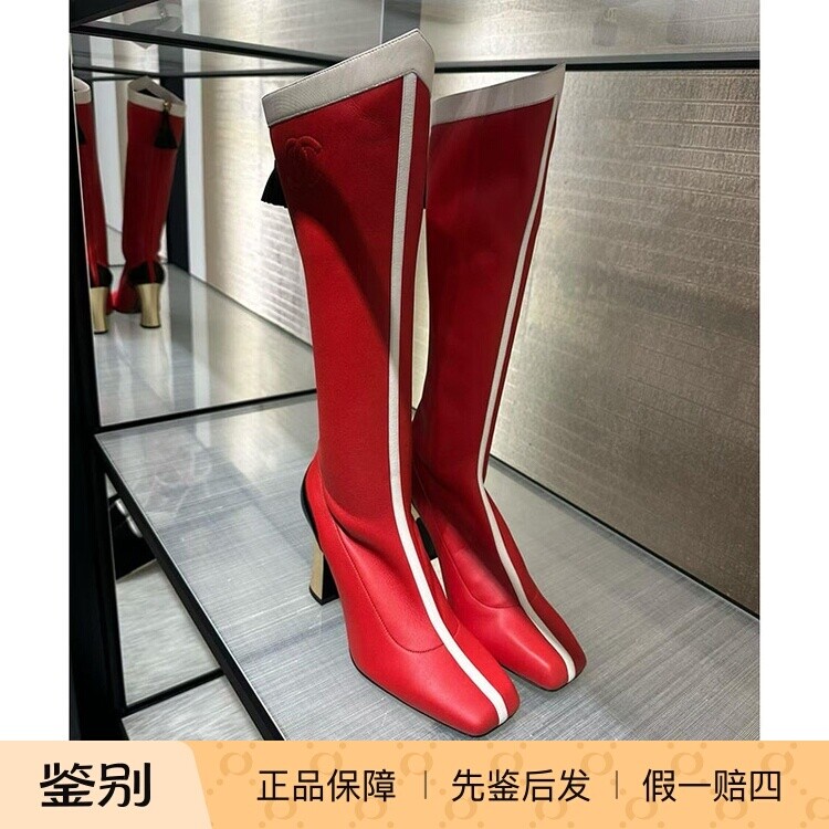香奈儿新款红边方头过膝骑士靴