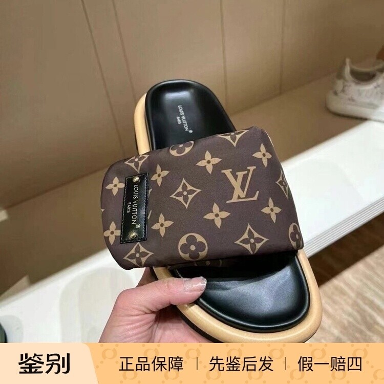 Lv路易威登2024新款女鞋棕色Monogram 锦纶魔术贴平底凉拖1AAEBW